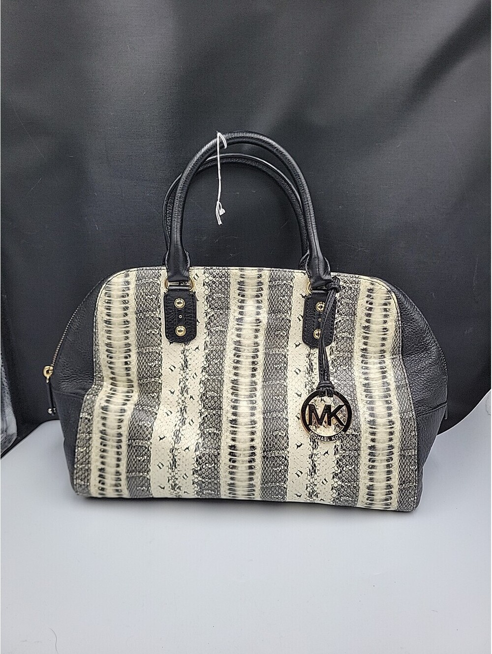 Michael Kors Snakeskin Satchel Handbag Black White Leather Purse MK Charm